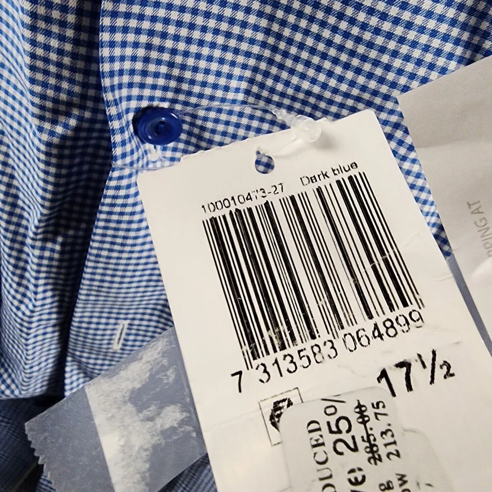 Eton Contemporary Fit MicroCheck Shirt Men's 17.5 Dark Blue Front Button Closure - Picture 9 of 13